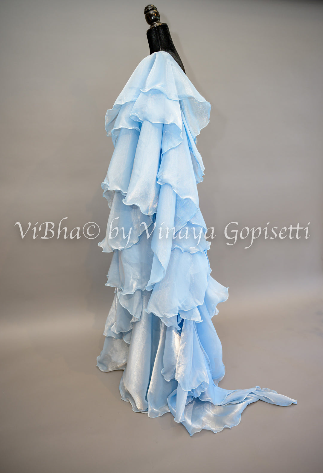 Sky Blue Ruffled Draped Saree And Embroidered Blouse