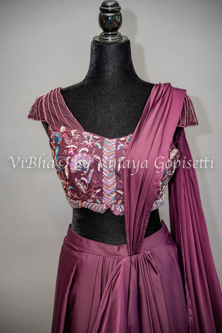 Dark Wine Ruffled Draped Saree And Embroidered Blouse