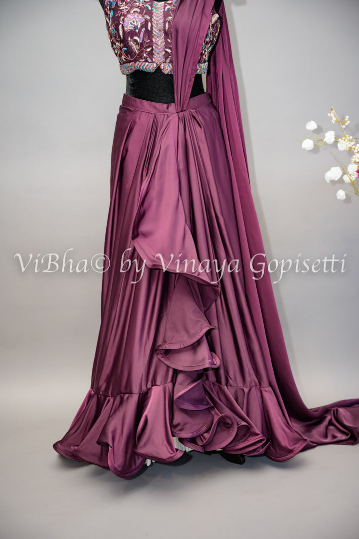 Dark Wine Ruffled Draped Saree And Embroidered Blouse