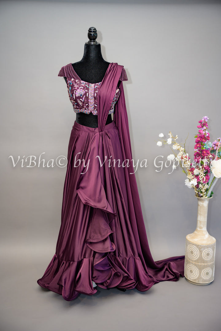 Dark Wine Ruffled Draped Saree And Embroidered Blouse