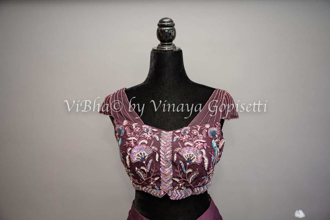 Dark Wine Ruffled Draped Saree And Embroidered Blouse