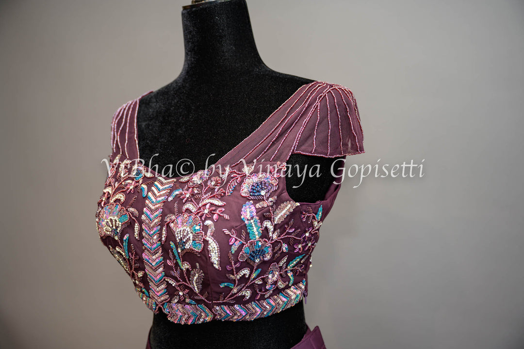 Dark Wine Ruffled Draped Saree And Embroidered Blouse