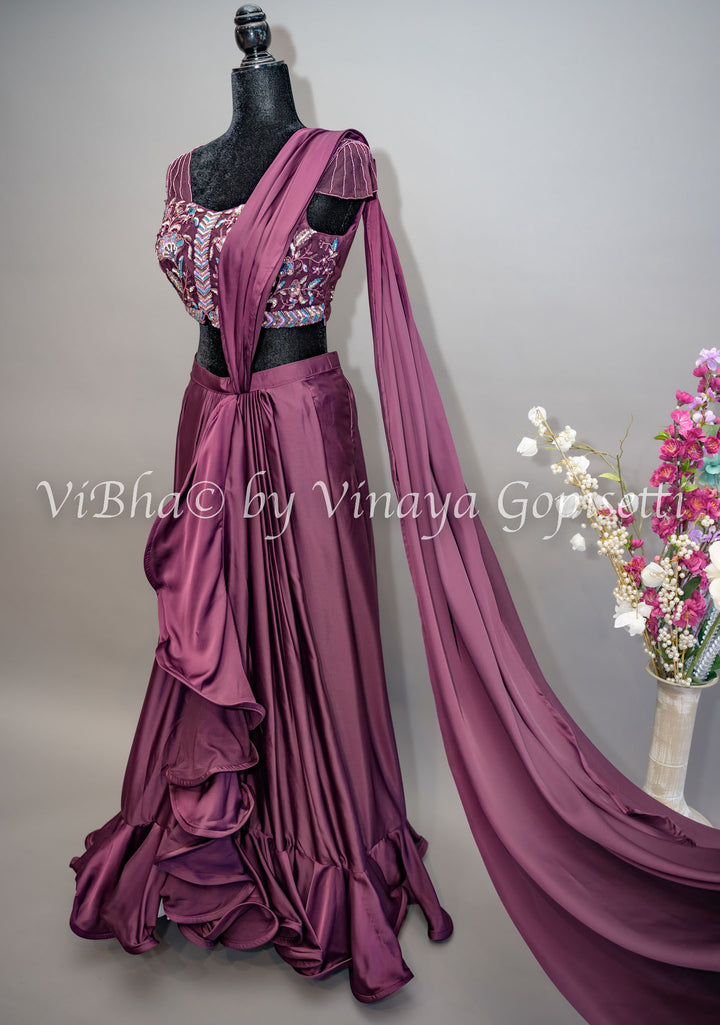 Dark Wine Ruffled Draped Saree And Embroidered Blouse