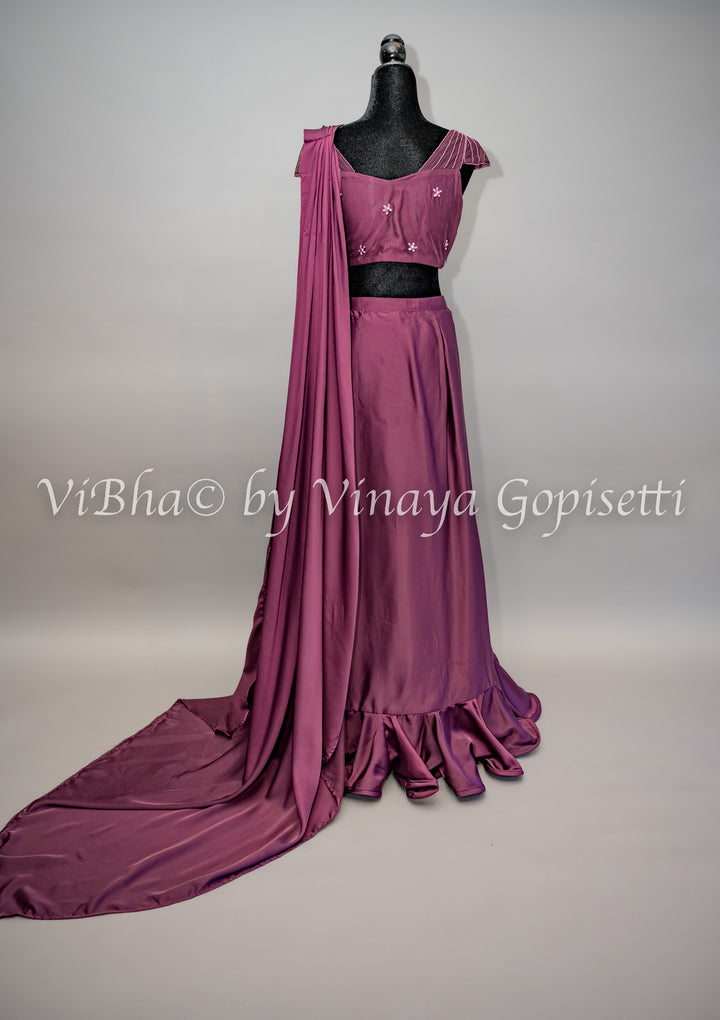 Dark Wine Ruffled Draped Saree And Embroidered Blouse