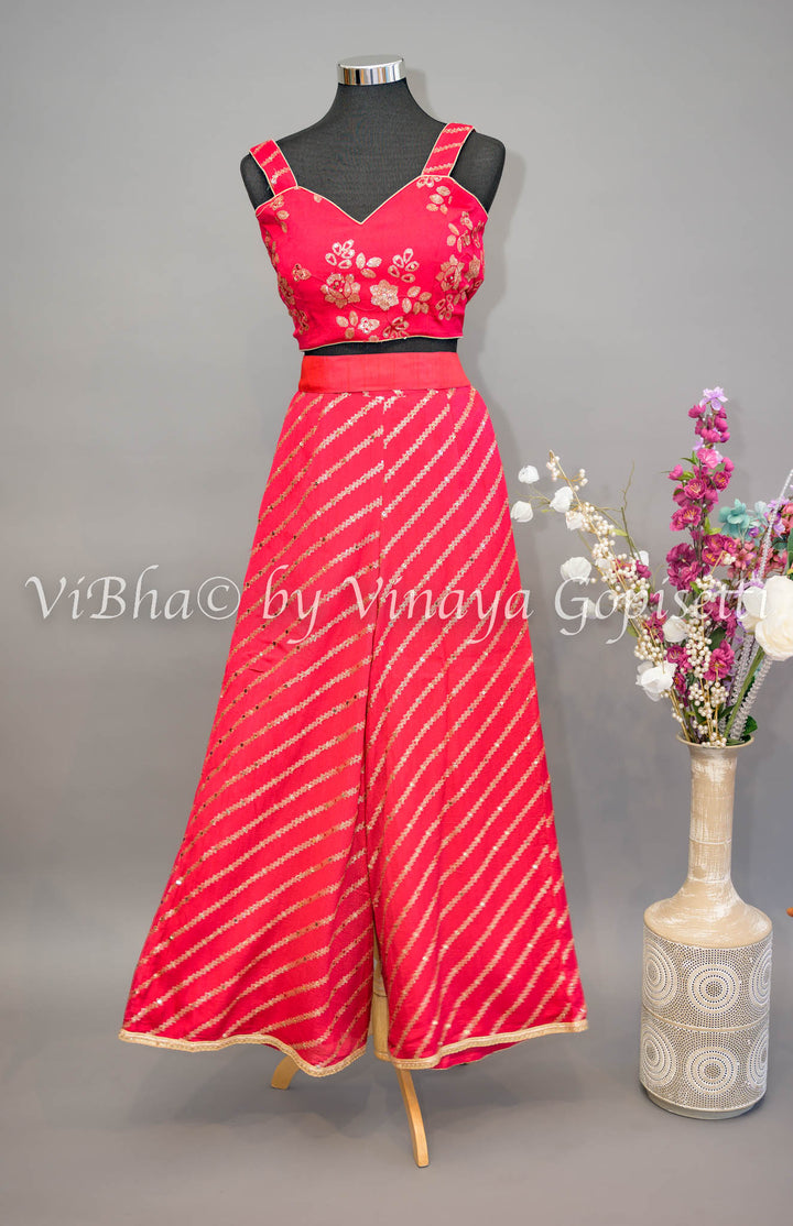 Rose Red Embroidered Sharara Set with Detachable Jacket