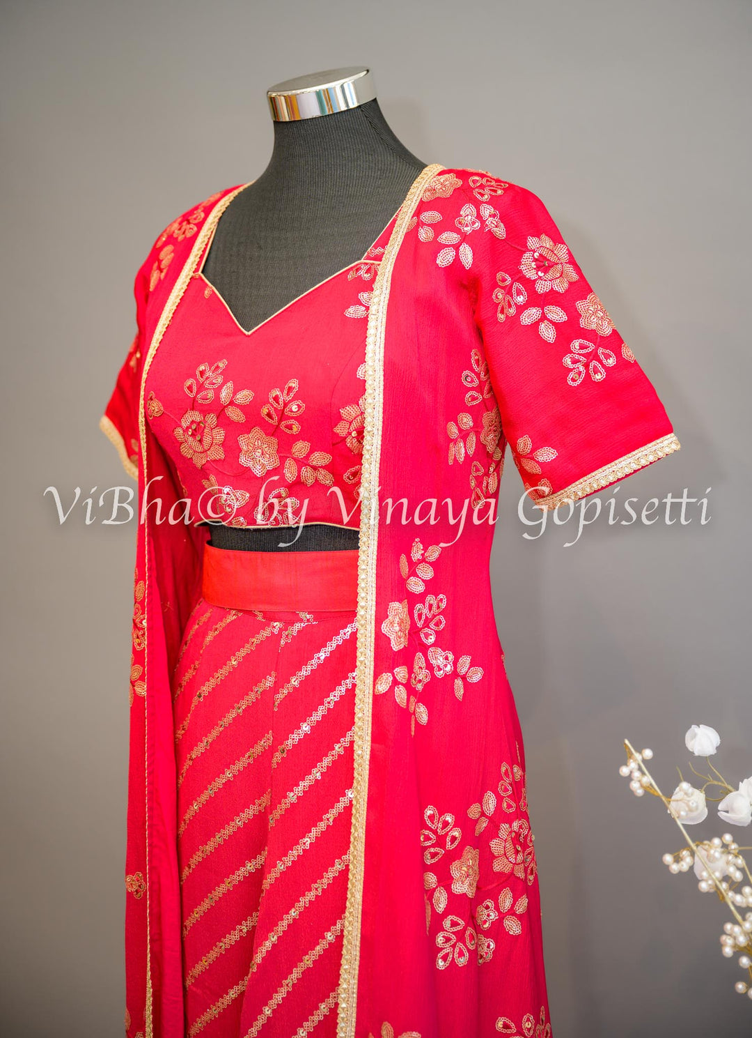 Rose Red Embroidered Sharara Set with Detachable Jacket