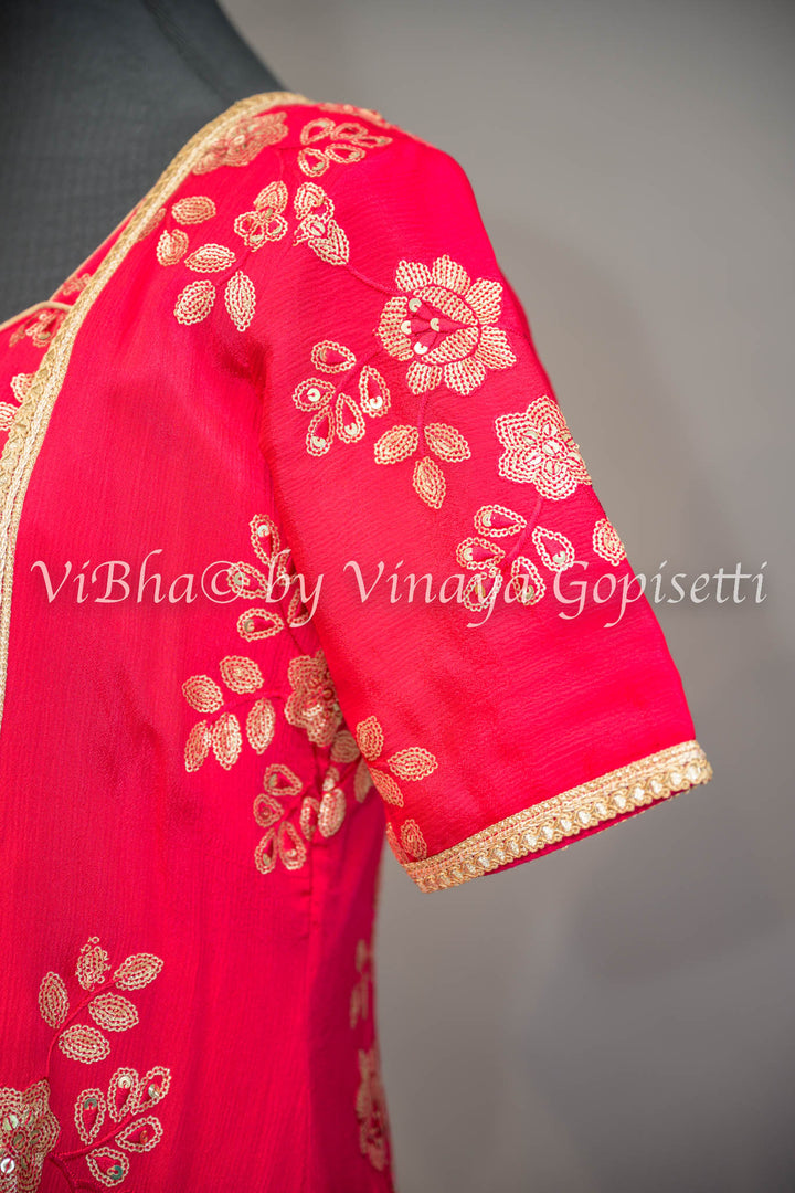 Rose Red Embroidered Sharara Set with Detachable Jacket