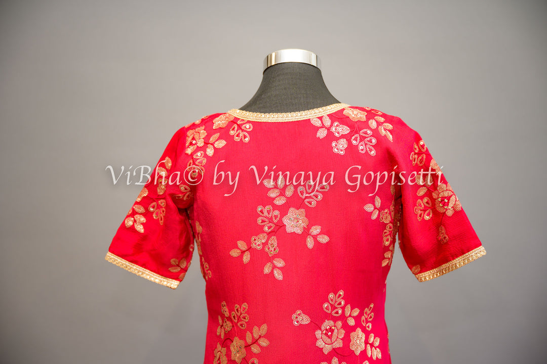 Rose Red Embroidered Sharara Set with Detachable Jacket