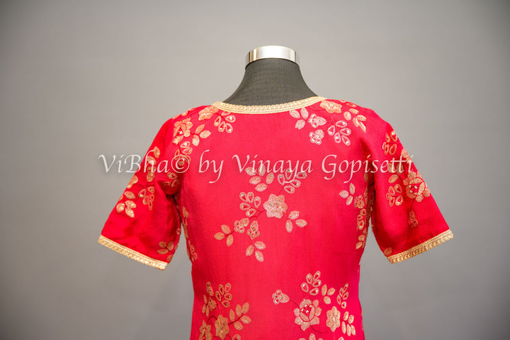 Rose Red Embroidered Sharara Set with Detachable Jacket