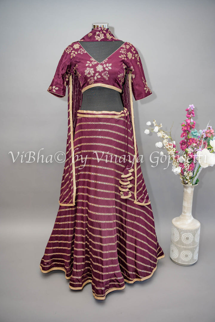 Wine Embroidered Lehenga with Choker Dupatta