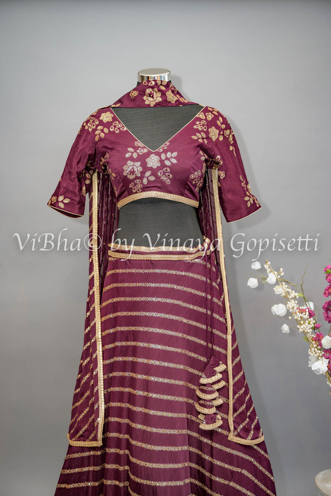 Wine Embroidered Lehenga with Choker Dupatta