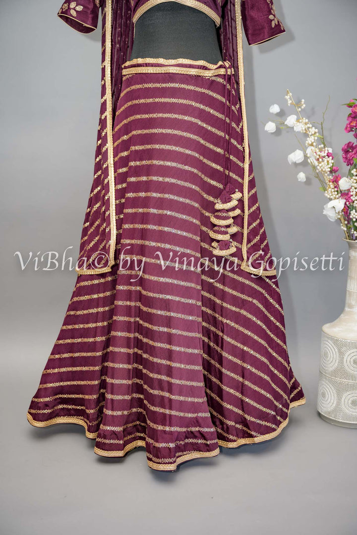 Wine Embroidered Lehenga with Choker Dupatta