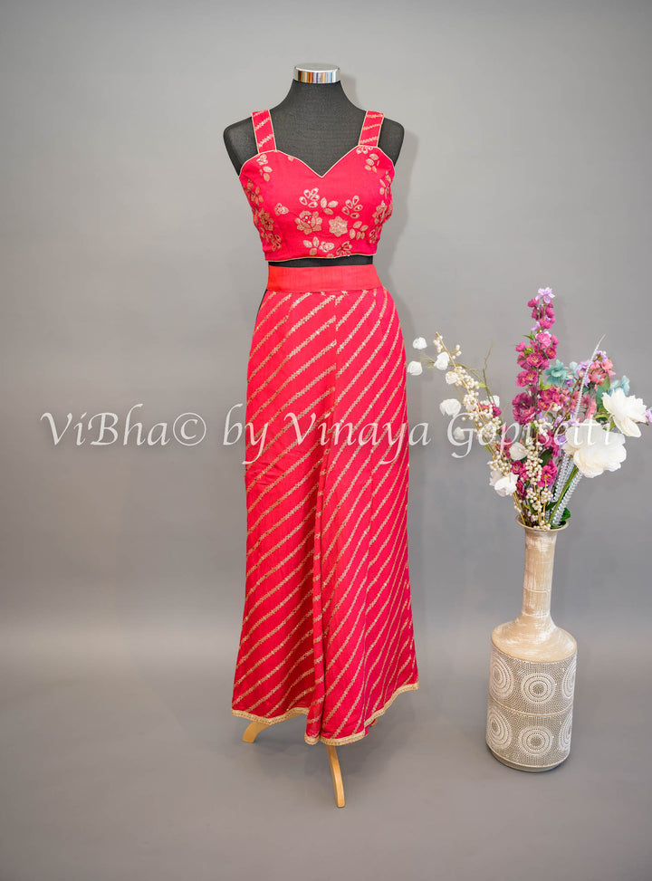 Rose Red Embroidered Sharara Set with Detachable Jacket