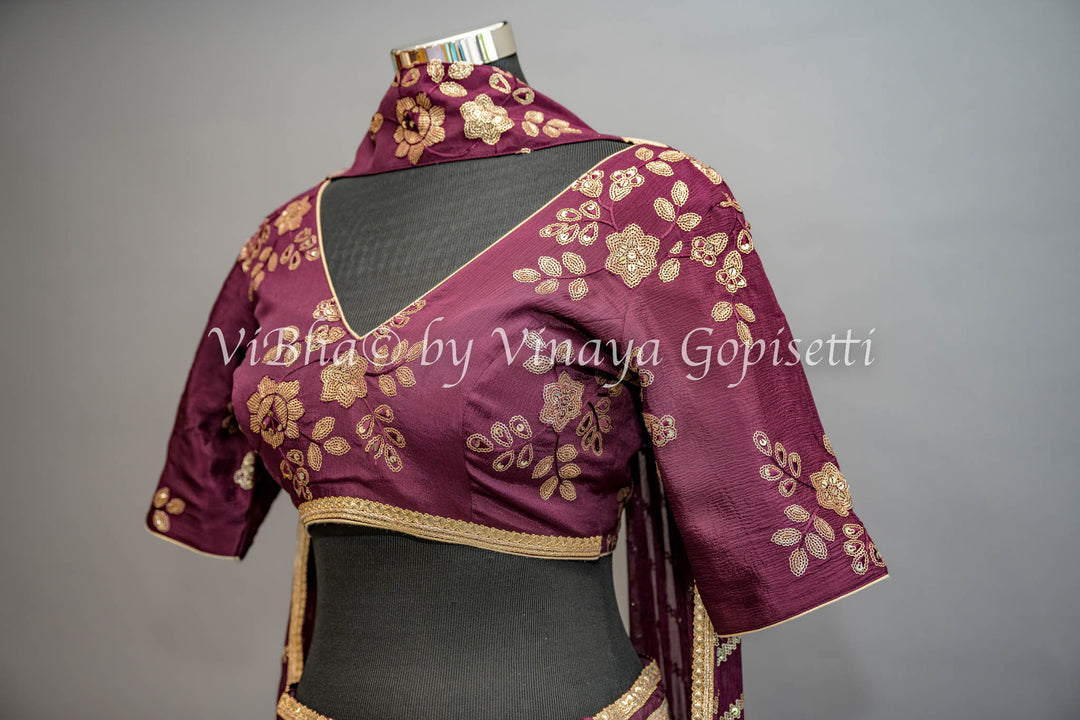 Wine Embroidered Lehenga with Choker Dupatta