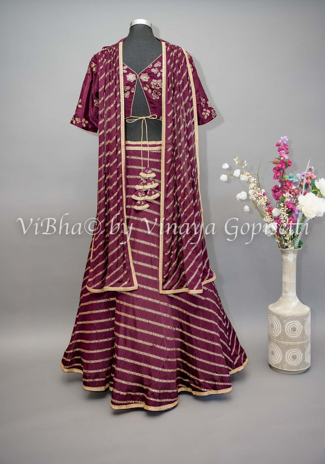 Wine Embroidered Lehenga with Choker Dupatta