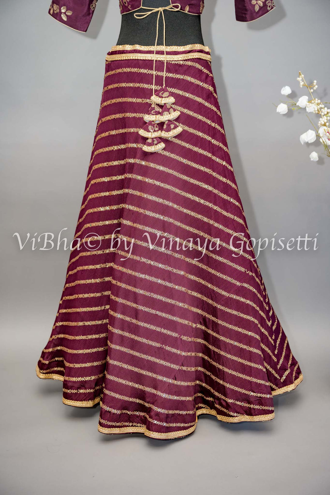 Wine Embroidered Lehenga with Choker Dupatta