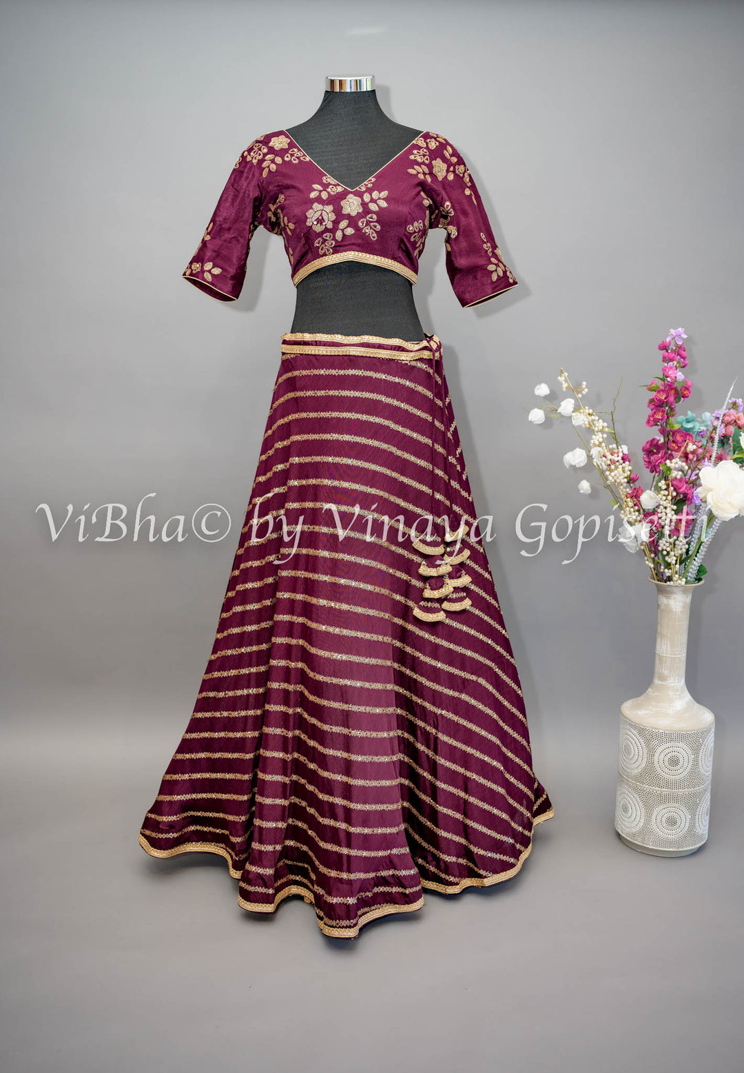 Wine Embroidered Lehenga with Choker Dupatta