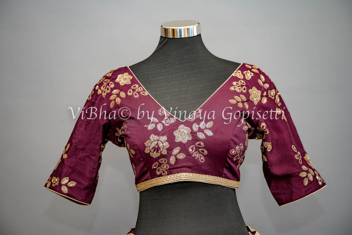 Wine Embroidered Lehenga with Choker Dupatta