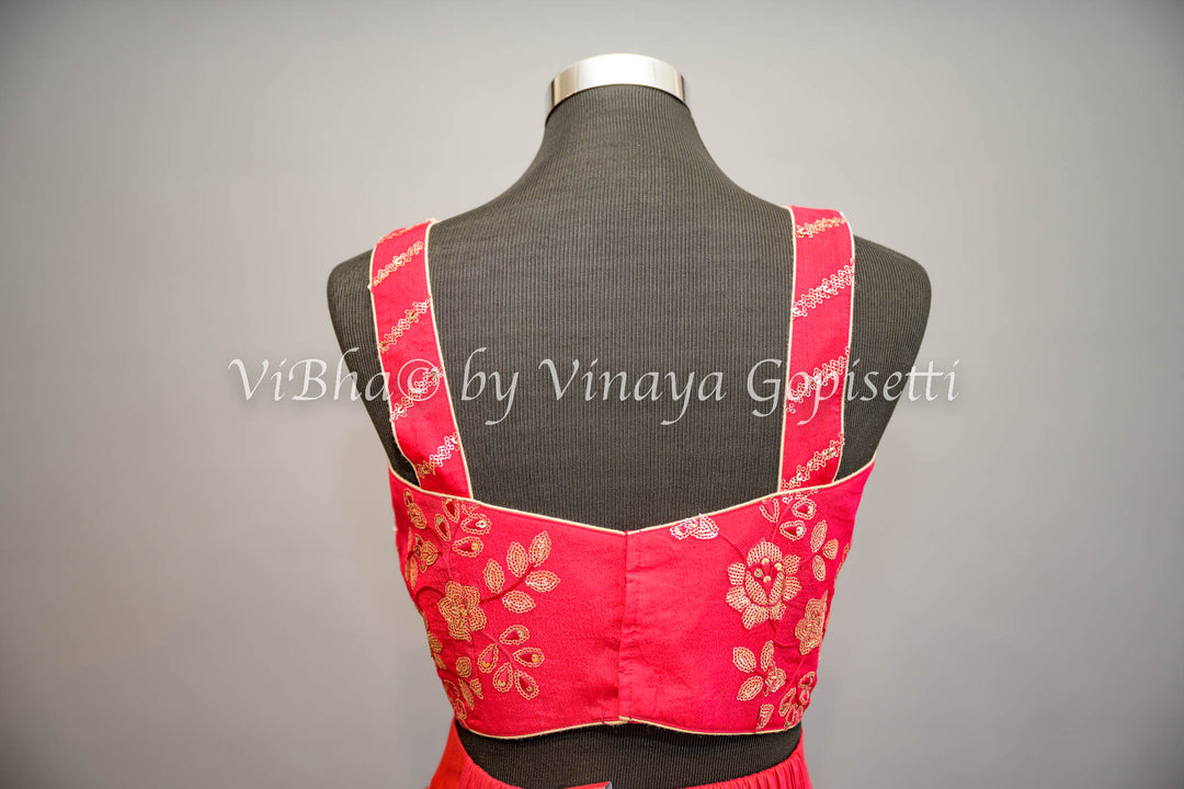 Rose Red Embroidered Sharara Set with Detachable Jacket