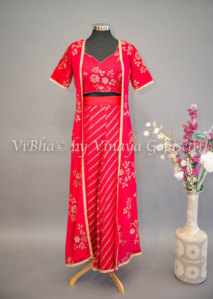 Rose Red Embroidered Sharara Set with Detachable Jacket