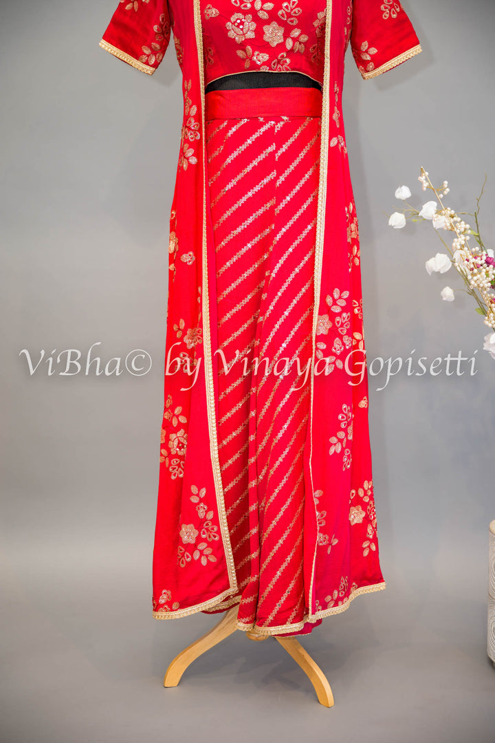 Rose Red Embroidered Sharara Set with Detachable Jacket