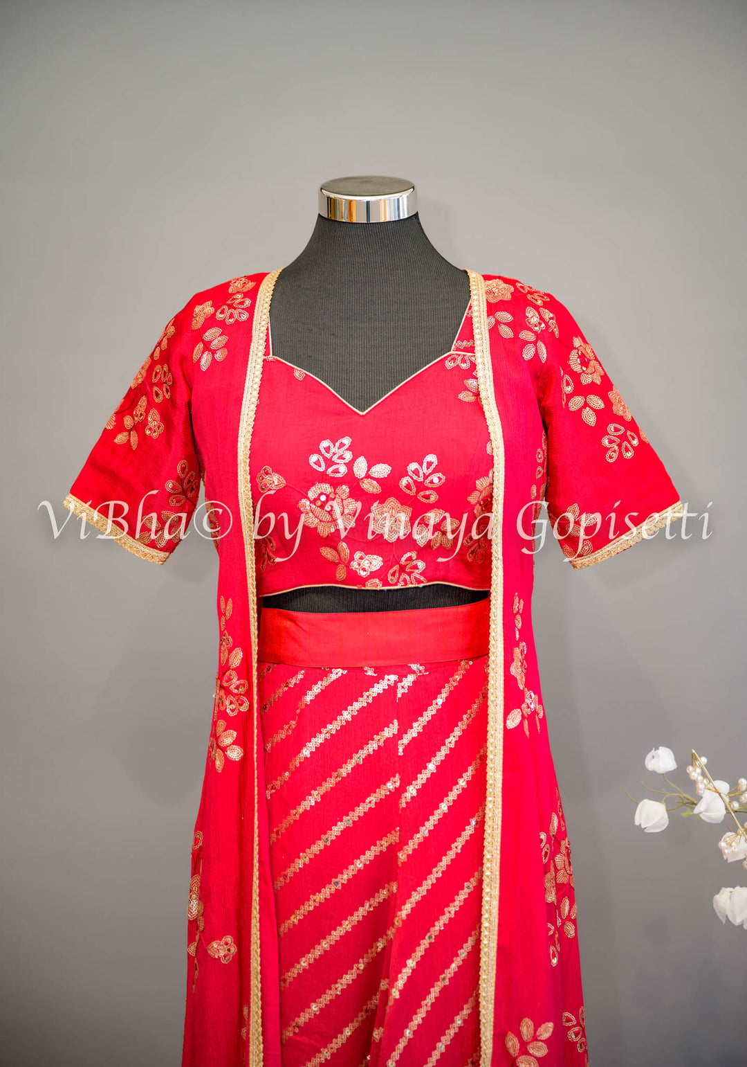 Rose Red Embroidered Sharara Set with Detachable Jacket