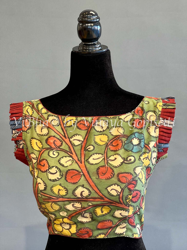 Green Kalamkari Blouse With Frills Sleeve