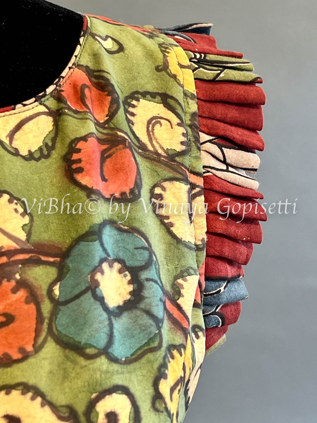 Green Kalamkari Blouse With Frills Sleeve