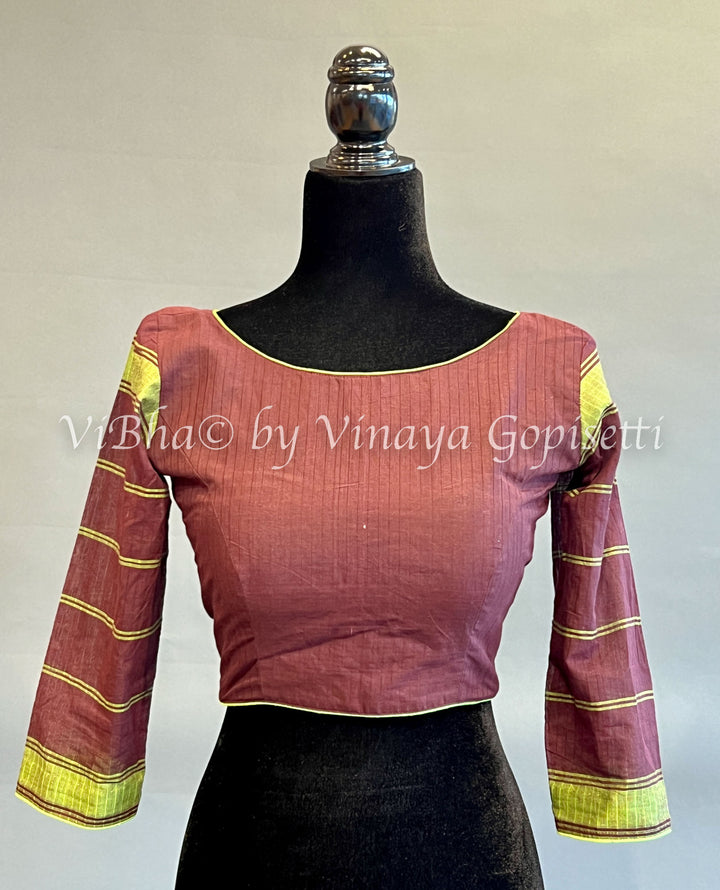 Brown And Green Handloom Cotton Blouse