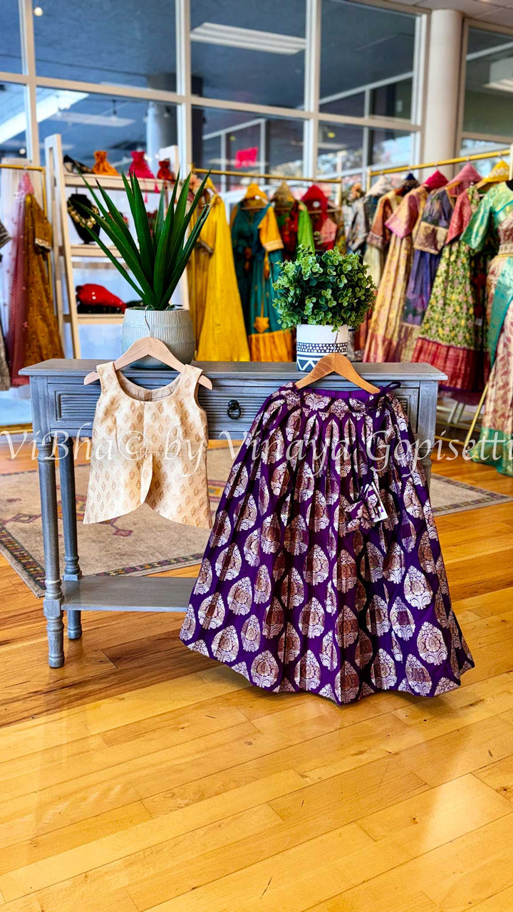 Purple and Ivory Gold Banarasi Silk Skirt and Top