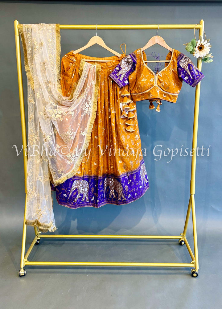 Mustard Yellow and Purple Banarasi Silk Lehenga Set