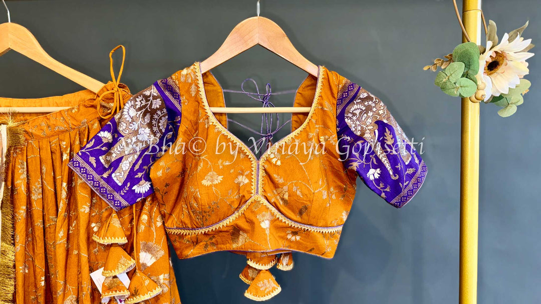 Mustard Yellow and Purple Banarasi Silk Lehenga Set