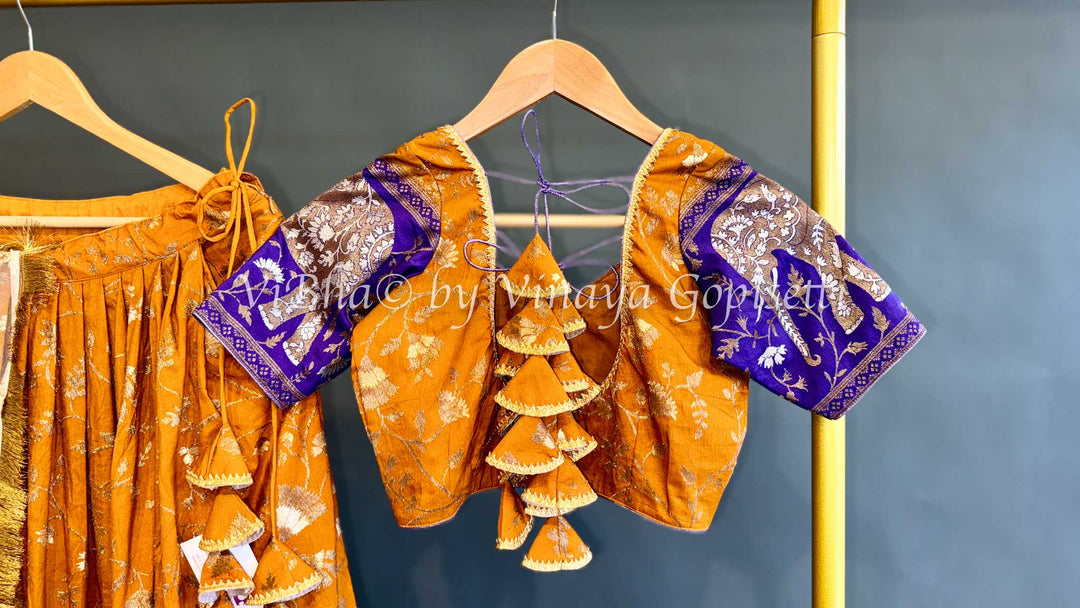 Mustard Yellow and Purple Banarasi Silk Lehenga Set