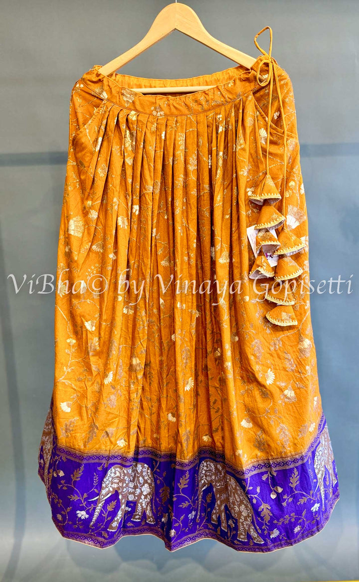 Mustard Yellow and Purple Banarasi Silk Lehenga Set