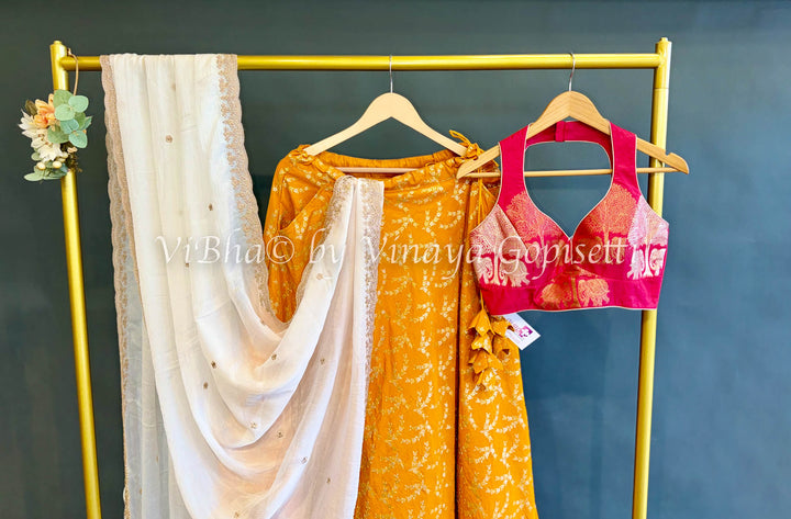 Yellow and Pink Banarasi Silk Lehenga Set