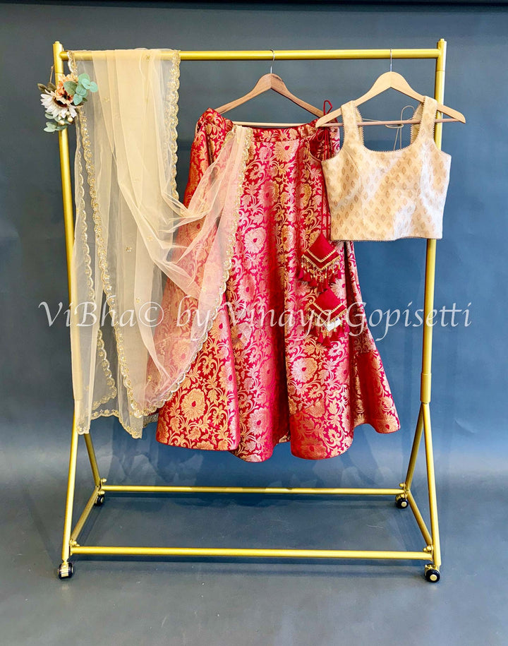 Ivory Gold and Red Banarasi Silk Lehenga Set