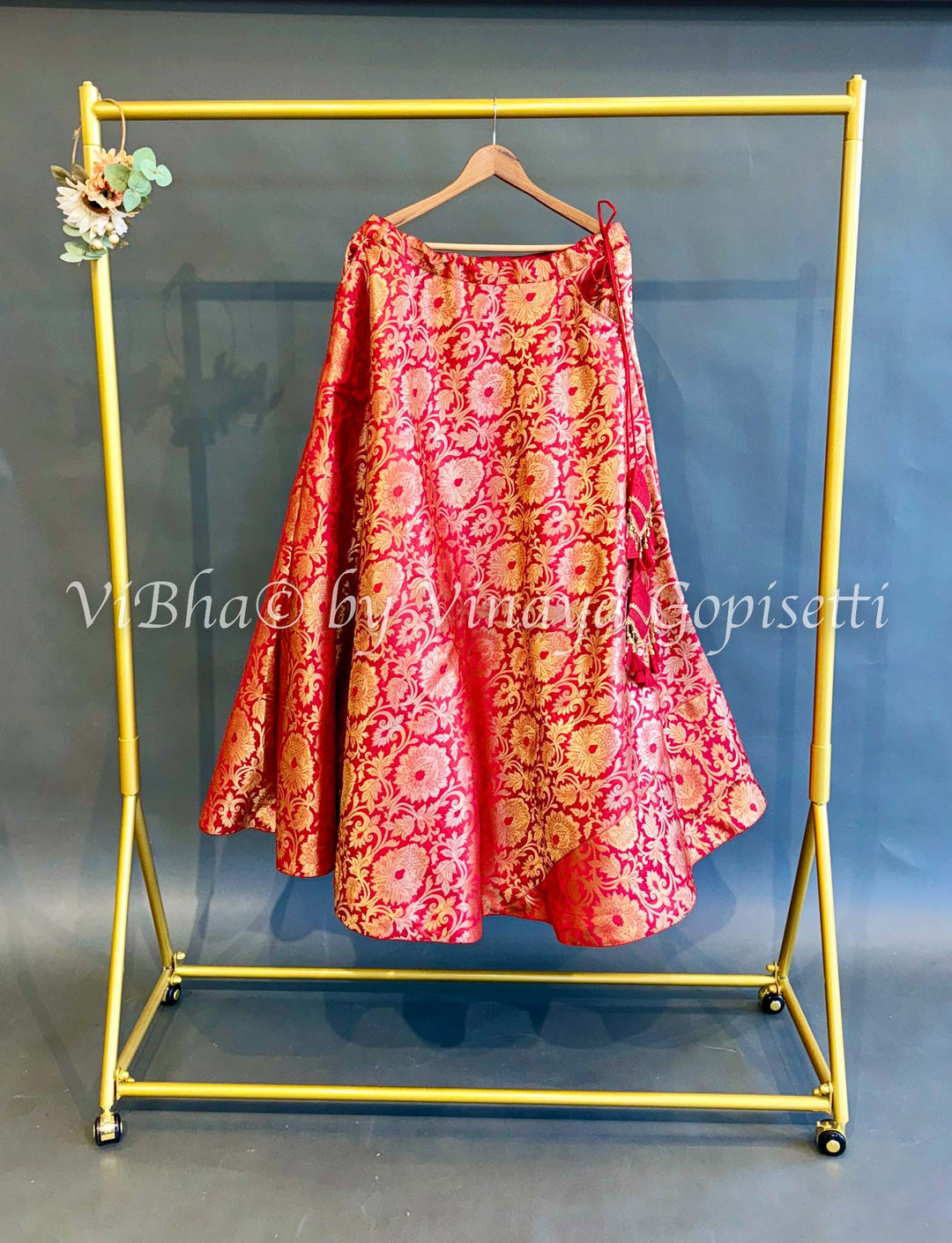 Ivory Gold and Red Banarasi Silk Lehenga Set