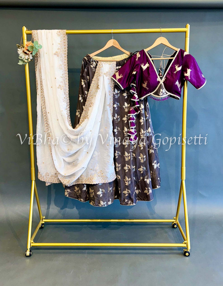 Grey and Violet Banarasi Silk Lehenga Set