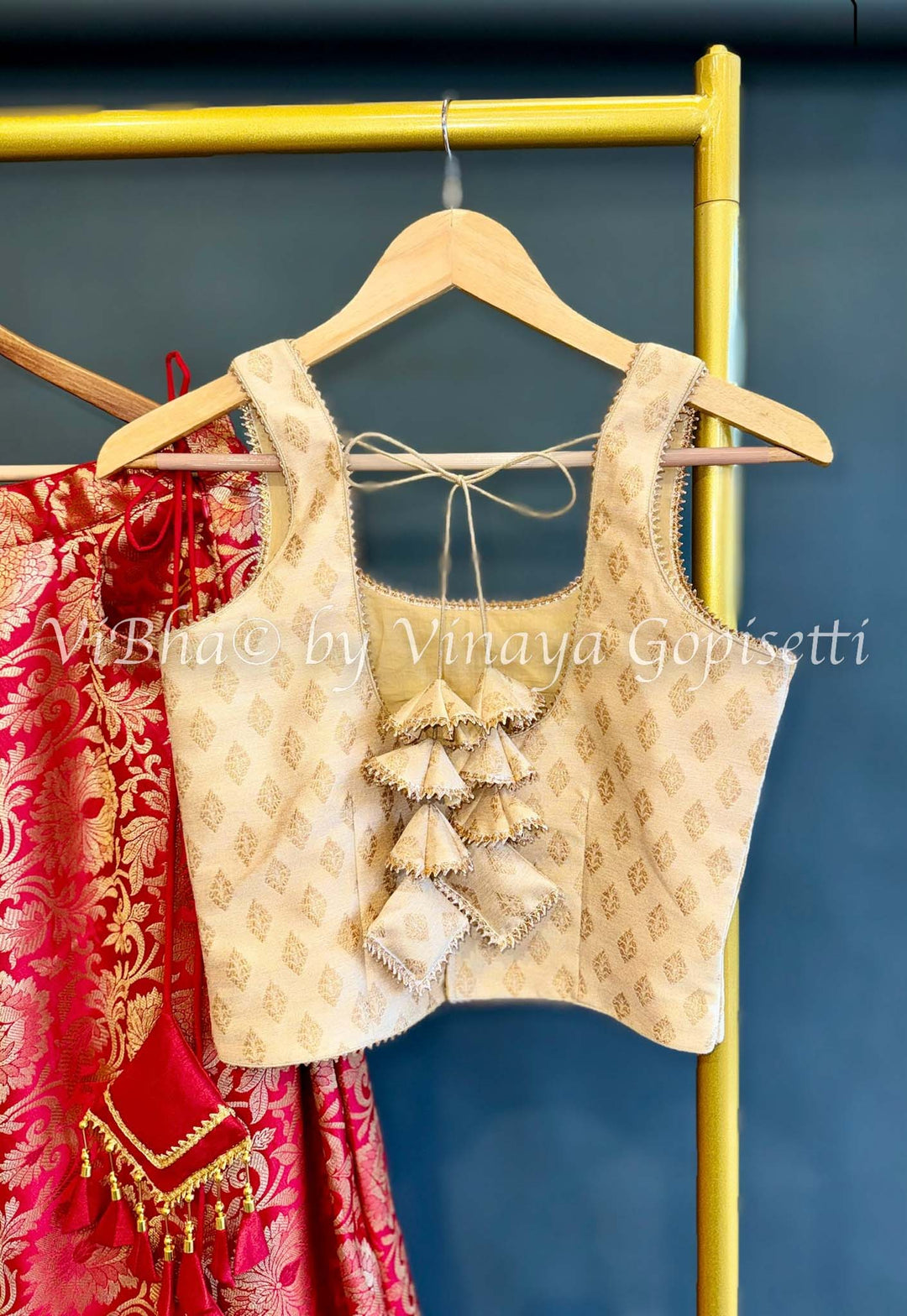 Ivory Gold and Red Banarasi Silk Lehenga Set