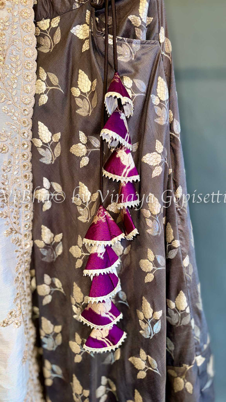 Grey and Violet Banarasi Silk Lehenga Set