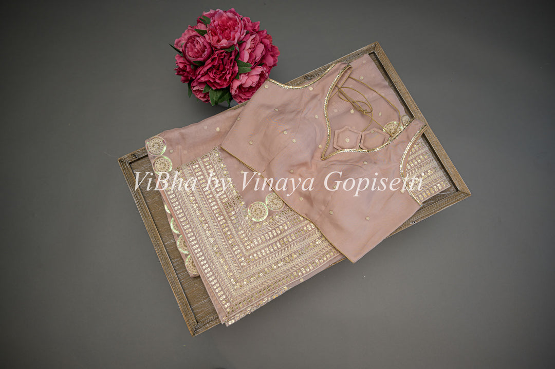 Pastel Mauve Soft Organza Embroidered Saree And Blouse