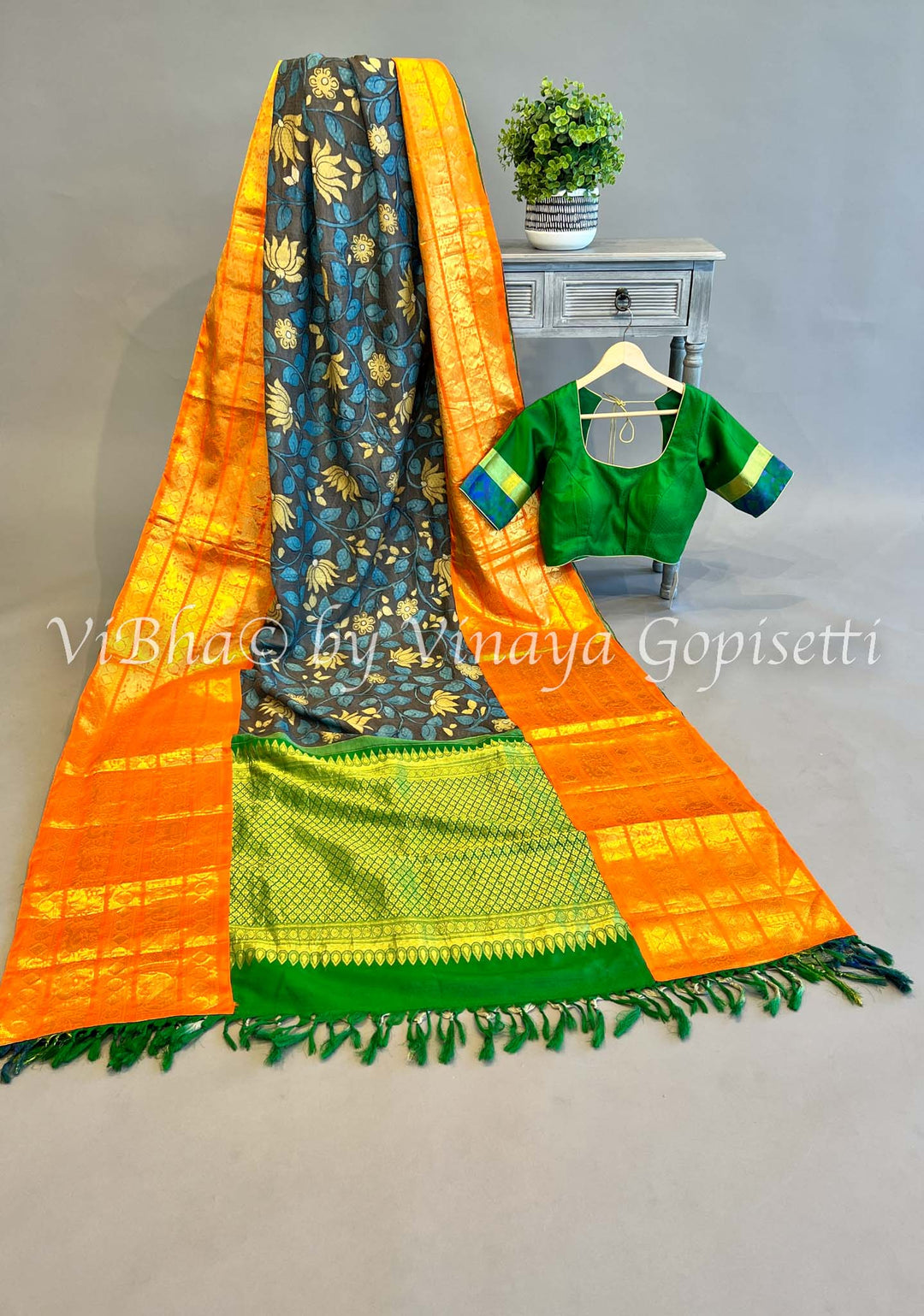 Indigo Blue And Green Kanchi Silk Pen Kalamkari Saree And Blouse With Orange Borders