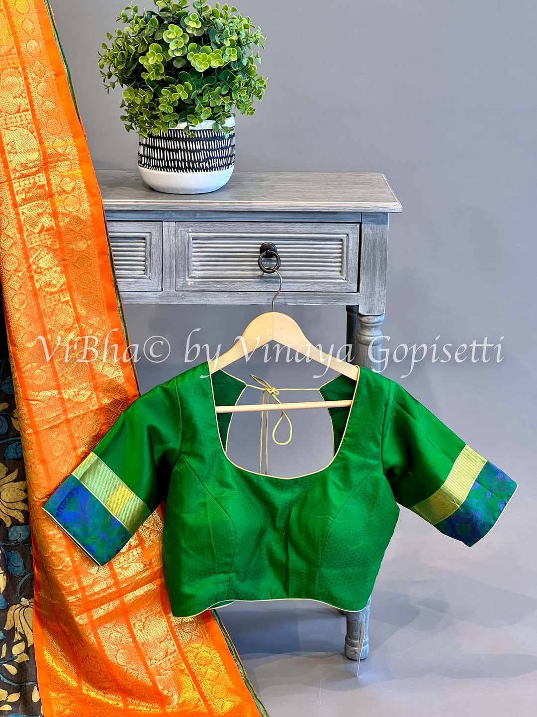 Indigo Blue And Green Kanchi Silk Pen Kalamkari Saree And Blouse With Orange Borders