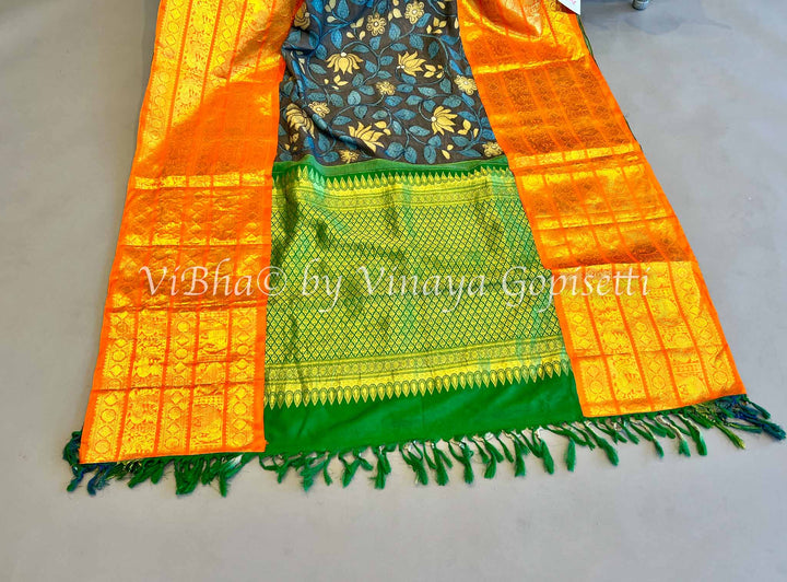 Indigo Blue And Green Kanchi Silk Pen Kalamkari Saree And Blouse With Orange Borders