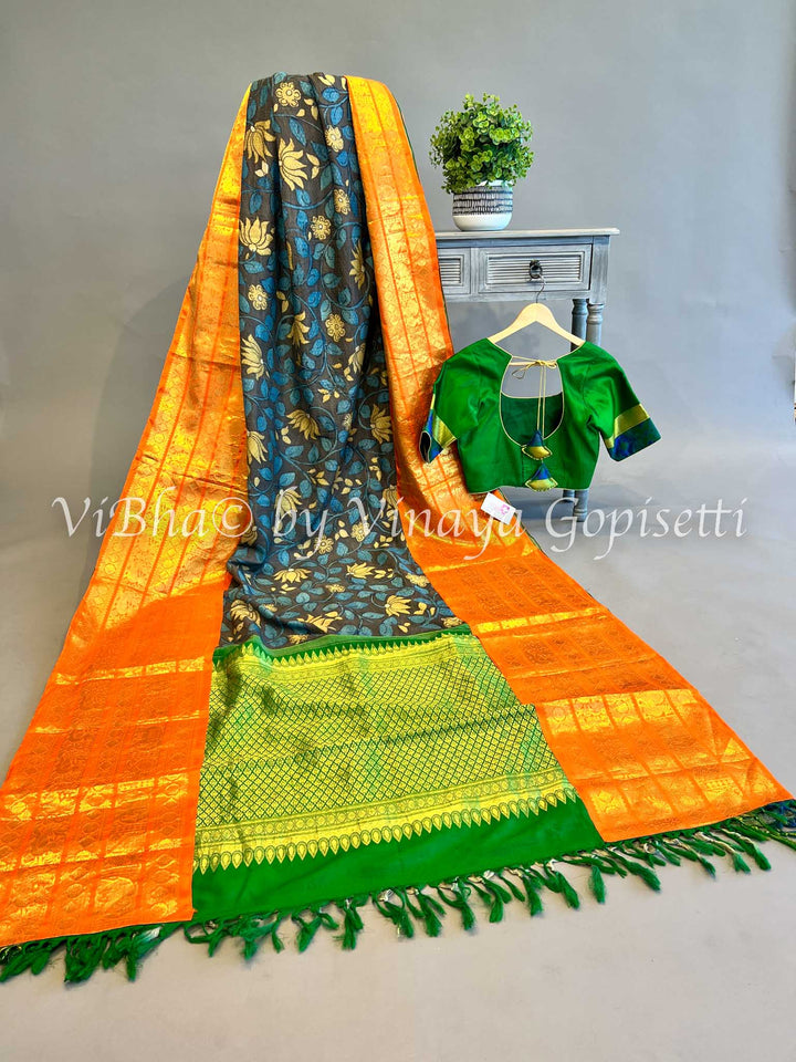 Indigo Blue And Green Kanchi Silk Pen Kalamkari Saree And Blouse With Orange Borders