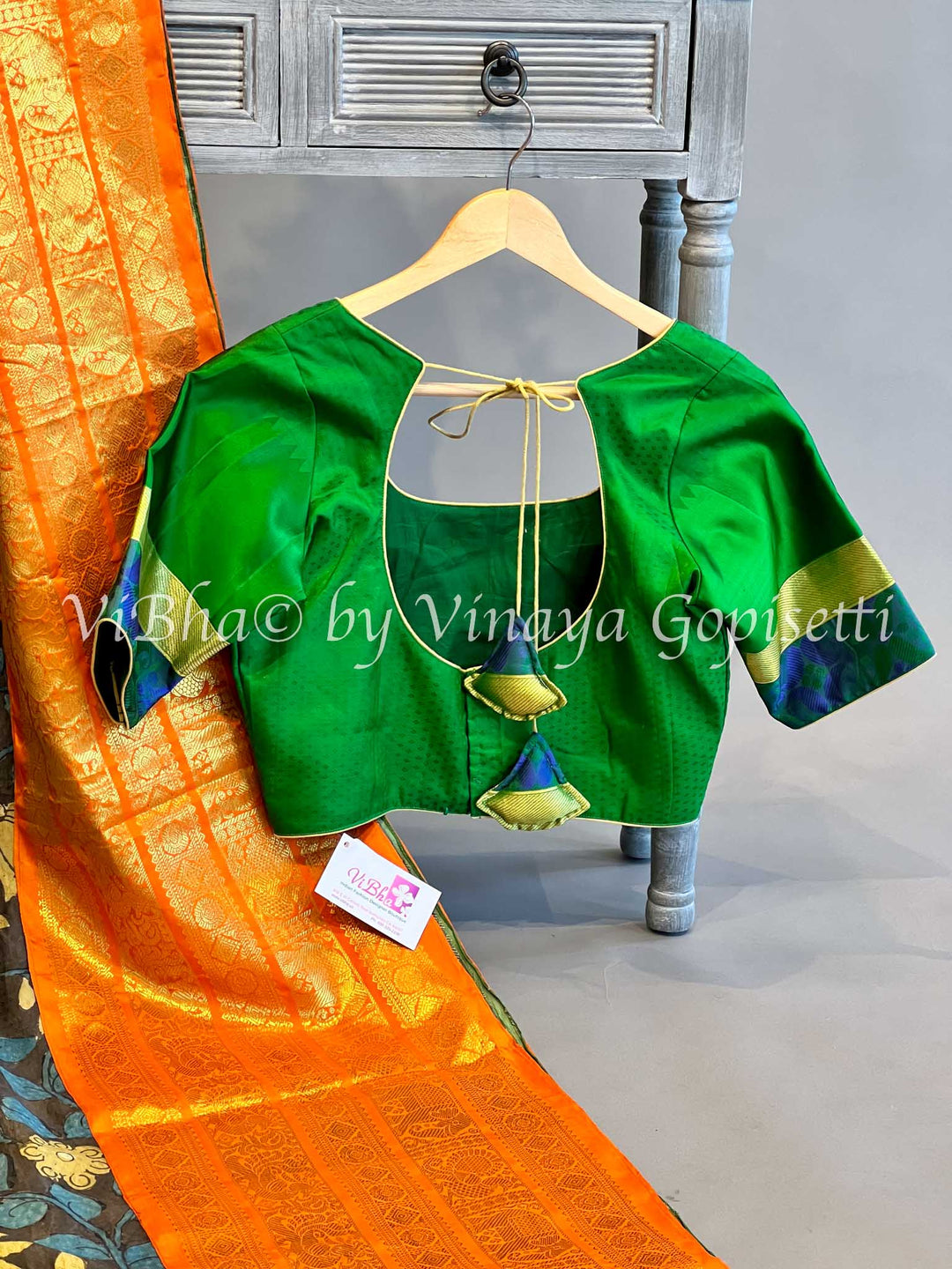 Indigo Blue And Green Kanchi Silk Pen Kalamkari Saree And Blouse With Orange Borders