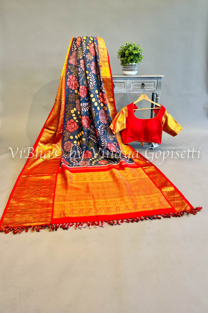 Indigo Blue & Red Pen Kalamkari Kanchi Silk Saree and Blouse