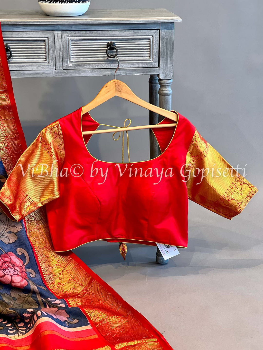 Indigo Blue & Red Pen Kalamkari Kanchi Silk Saree and Blouse