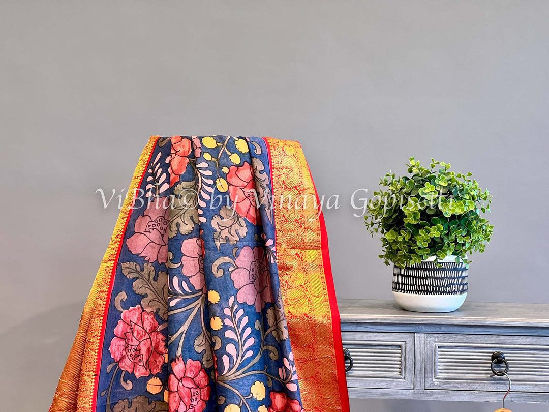 Indigo Blue & Red Pen Kalamkari Kanchi Silk Saree and Blouse