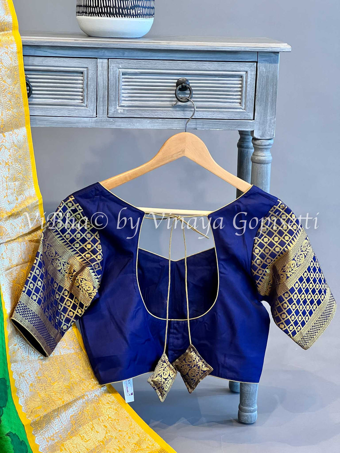 Green Kanchi Pen Kalamkari Saree and Blouse With Yellow And Blue Borders